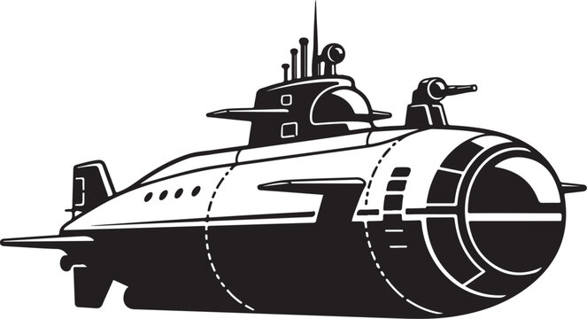 Black submarine vector, underwater vehicle illustration, ocean explorer graphic, nautical icon