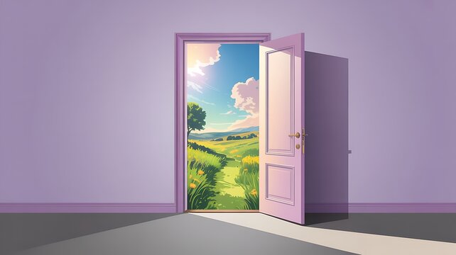 Open door revealing a vibrant landscape of rolling hills and a bright blue sky with fluffy clouds ready to welcome someone.