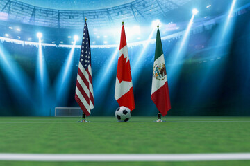 flags of the USA, Canada, and Mexico on a soccer field at a grand stadium. 2026 World Cup tournament. Professional football arena with bright spotlights © alones