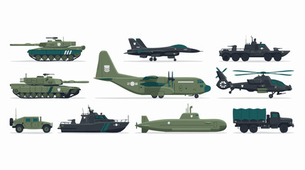 Fototapeta premium Flat vector illustration set of modern military vehicles and transport