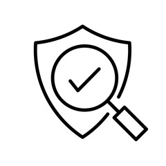 Minimalist black line icon featuring a magnifying glass with a checkmark over a protective shield © iniaz