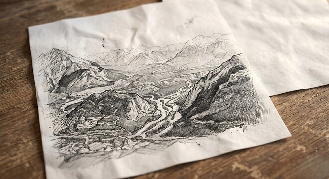 Vintage Cartographic Sketch of Rugged Mountain Terrain on Distressed Parchment Paper