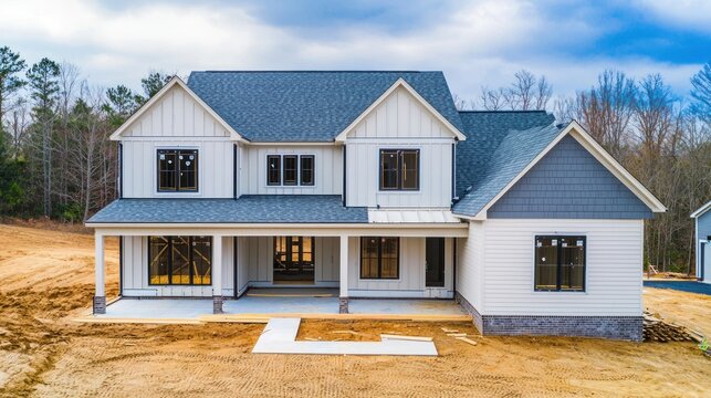 A newly constructed, two-story farmhouse sits on a partially developed lot. The house features a white and gray exterior with a dark gray roof and a prominent front porch with a large overhang.