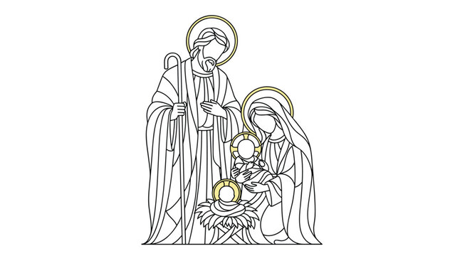 Detailed line art of the holy family featuring Mary, Joseph, and baby Jesus with gold halos for a traditional Christmas holiday theme.
