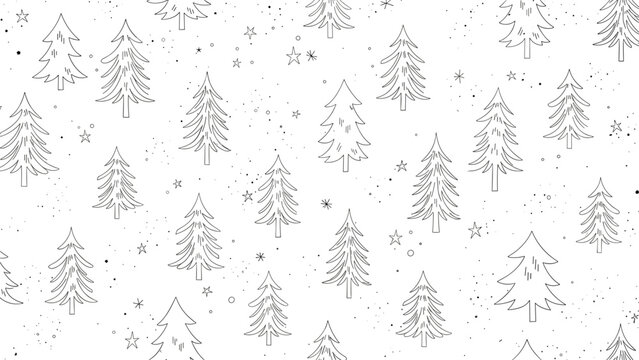 Minimalist pattern of hand-drawn Christmas trees and stars in black ink on a white background for a festive and modern holiday look.