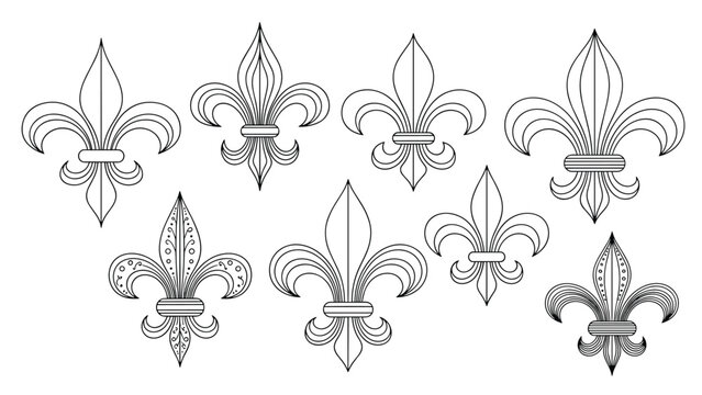 Collection of different fleur-de-lis symbols in various artistic styles including line art and decorative patterns on a white background.