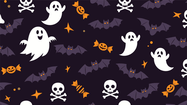 Spooky Halloween themed seamless pattern featuring white ghosts, flying purple bats, orange candies, and white skulls on a dark background.