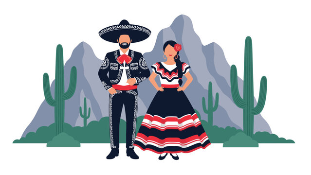 Mexican man in a charro suit and a woman in a traditional folklorico dress standing in a desert landscape with cacti and mountains.