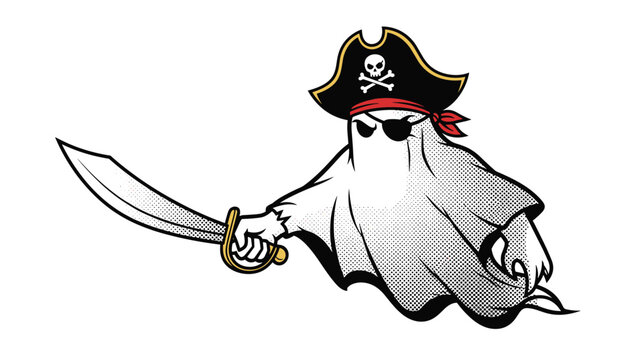 Spooky ghost dressed as a pirate wearing a traditional black hat with skull and crossbones holds a sharp silver cutlass sword.