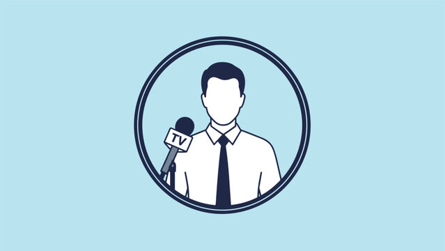 Circular icon depicts a male news anchor wearing a shirt and tie standing behind a television microphone in professional attire.