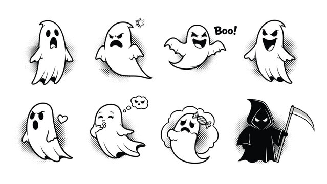 Set of expressive ghost characters showing various emotions and a grim reaper figure in a dark cloak holding a sharp scythe.