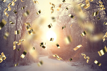 Naklejka premium christmas confetti holiday background, winter landscape outdoor, new year