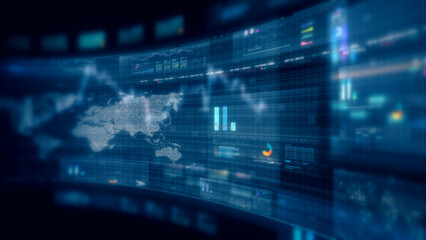 Fototapeta premium Futuristic global financial data visualization, world map and digital globe with candlestick chart, stock trading analytics, forex market dashboard, fintech infographic, big data interface