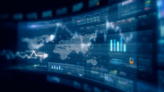 Futuristic global financial data visualization, world map and digital globe with candlestick chart, stock trading analytics, forex market dashboard, fintech infographic, big data interface