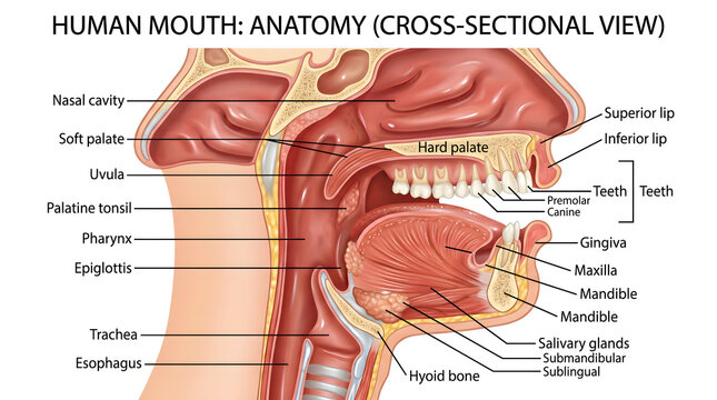 Human mouth anatomy in sagittal cross‑section showing nasal cavity, soft and hard palates, uvula, palatine tonsil, tongue, teeth, gums, pharynx, epiglottis, larynx, trachea, esophagus and major saliva