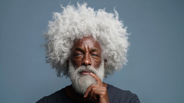 Elderly African American man with gray curly hair and beard poses thoughtfully against a solid blue background, wearing a dark shirt and finger on chin