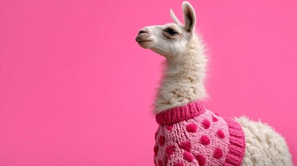 Fototapeta premium White llama wearing a pink knitted sweater with polka dots stands against a vibrant pink background, showcasing its unique fashion and playful appearance