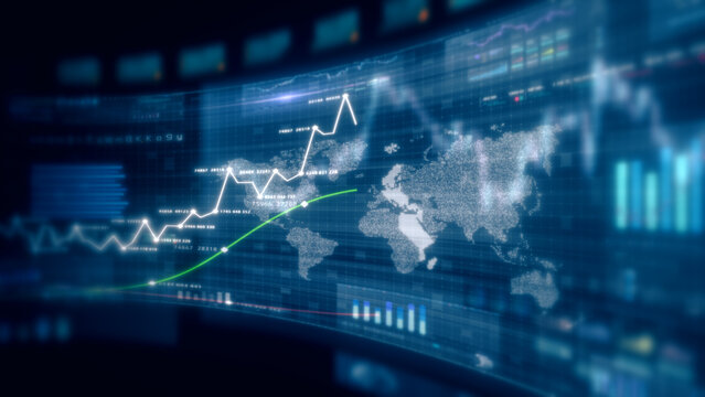 Futuristic global financial data visualization, world map and digital globe with candlestick chart, stock trading analytics, forex market dashboard, fintech infographic, big data interface
