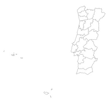 Portugal Map with Districts Outline, Isolated Vector Illustration