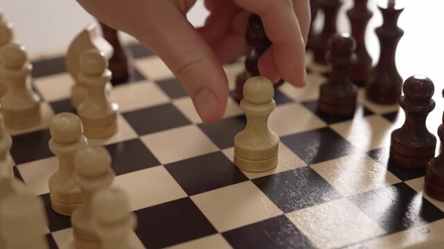 Player's hand moving a white pawn two squares forward during a strategic chess game, showcasing a classic opening move on the wooden checkered board in a close-up perspective