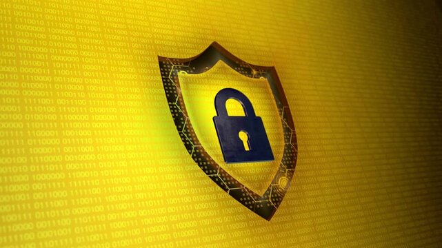 Golden shield with lock icon, security symbol, protection sign, safety badge
