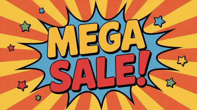 Mega sale banner, discount sign, shopping promotion, colorful announcement
