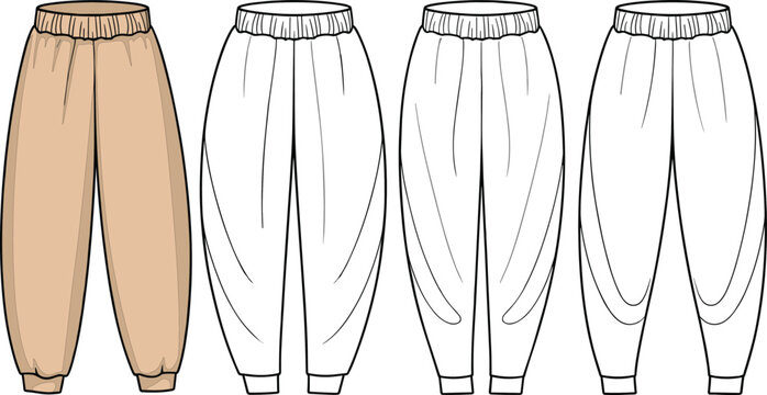Relaxed fit harem pants with elastic waist, draped volume silhouettes, contemporary casual bottoms fashion sketch series &ndash; vector illustration
