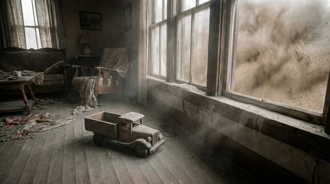 Vintage toy truck in abandoned room with toxic dust storm swirling outside, casting eerie shadows through large windows onto weathered wooden floor
