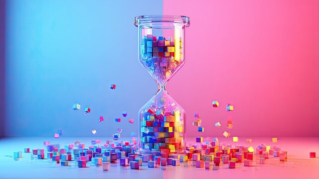 Colorful Hourglass Filled with Small Cubes and Falling Out.