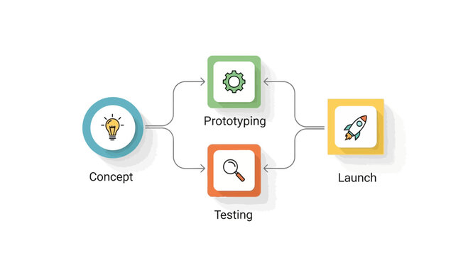 Startup, business process, workflow icons, product development stages, vector