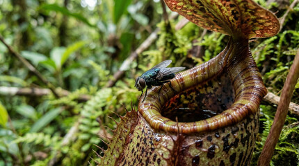 Close up of a fly is tempted by the sweet nectar of the carnivorous pitcher plant, Borneo, Malaysia.  © pinan