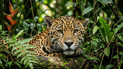 Close up of a Jaguar (Panthera onca) in natural habitat, Amazon rainforest, Loreto, Peru.  © pinan