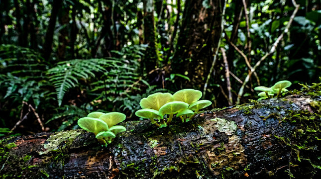 Panellus Stipticus mushroom growing and glows in the dark in tropical forest at night, Amazon rainforest, Brazil. The bioluminescent fungus also known as foxfire .
