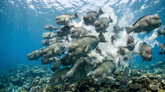 Bumphead Parrotfish (Bolbometopon muricatum) Spawning, rush upwards in group with gamete release in Pacific Ocean, the remote archipelago of Palau

