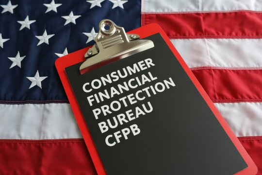 Clipboard with Consumer Financial Protection Bureau CFPB text on an American flag background