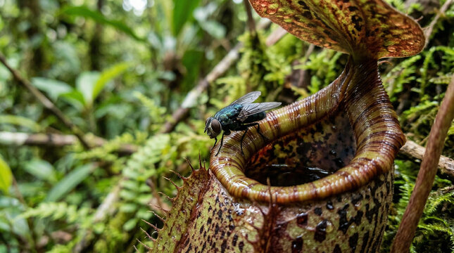 Close up of a fly is tempted by the sweet nectar of the carnivorous pitcher plant, Borneo, Malaysia.
