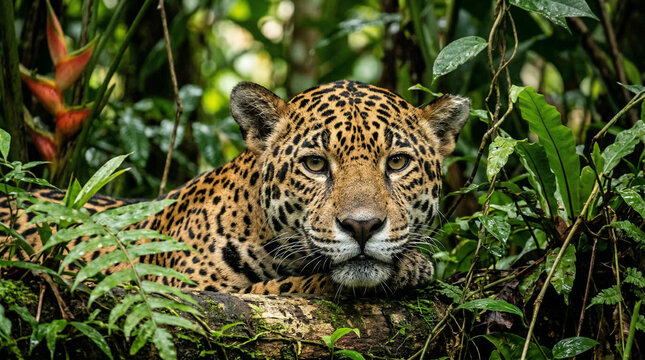Close up of a Jaguar (Panthera onca) in natural habitat, Amazon rainforest, Loreto, Peru.
