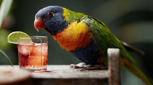 Colorful lorikeet perched beside a glass of cocktail with lime wedge, showcasing vibrant plumage against a blurred natural background