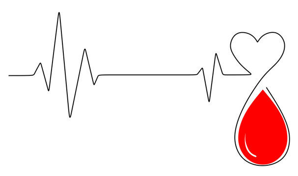 black line image that forms a flowing heartbeat pattern that connects to form a heart at the top and a drop of blood at the bottom. icon for world blood donor day