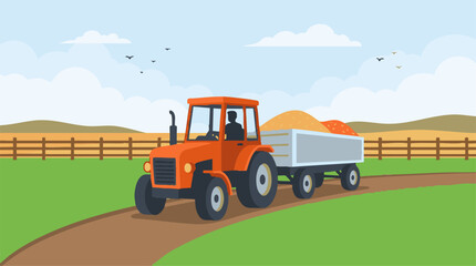 Orange farm tractor pulling a trailer loaded with grain on a rural dirt road © CANVAUX