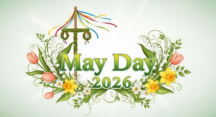 Decorative May Day 2026 greeting card with spring flowers and traditional maypole design on light background.