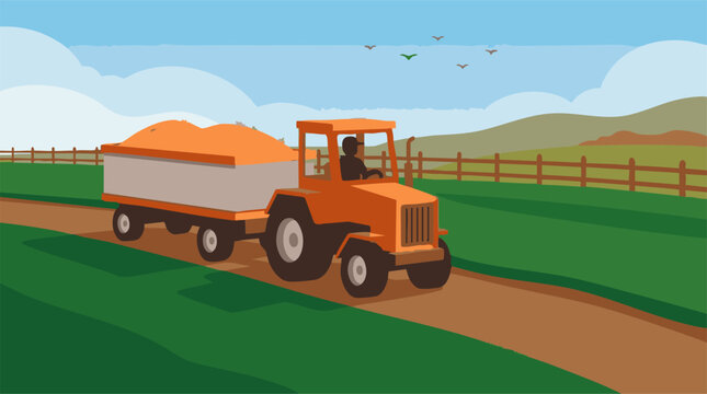 Farmer driving tractor with trailer loaded with wheat on a rural road