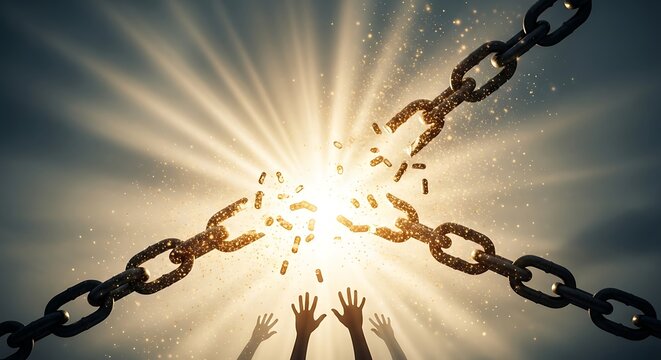 Conceptual image of human hands reaching towards broken chains against a bright glowing light.