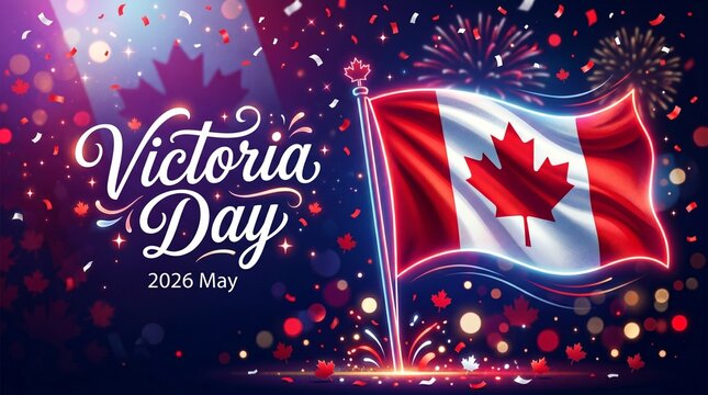 Victoria Day 2026 Celebration Vector Illustration with Canadian Flag, Neon Lights, Fireworks, and Maple Leaf Confetti for Canada Public Holiday Banner