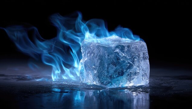 Burning Ice Cube with Blue Flames on Dark Reflective Surface.