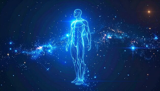 A glowing blue digital human figure stands upright against a cosmic backdrop of stars and radiant light patterns. Semi-transparent, the body reveals outlines of muscles and structure, resembling a fut