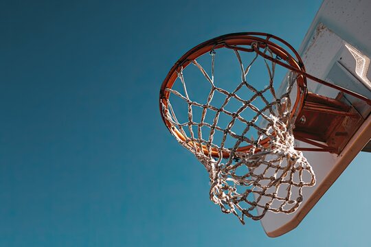 A close-up shot showcases a basketball hoop and net against a vibrant blue sky, capturing the essence of the sport and outdoor recreation.