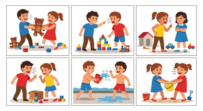 Conflict between kids in nursery and beach settings, siblings disagreeing and yelling at each other, social emotional development issues, behavioral problems in early childhood, sibling rivalry.
