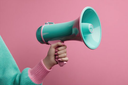 A person's hand holds a teal and pink megaphone against a vibrant pink background, symbolizing communication and announcement.