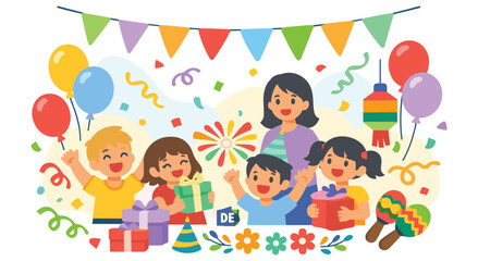 Obraz premium Children joyfully celebrate cinco de mayo with gifts, balloons, and party decorations. Festive atmosphere with confetti and colorful flags. Happy kids and adult, fun gathering for Mexican holiday.